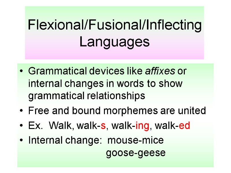 Flexional/Fusional/Inflecting Languages Grammatical devices like affixes or internal changes in words to show grammatical